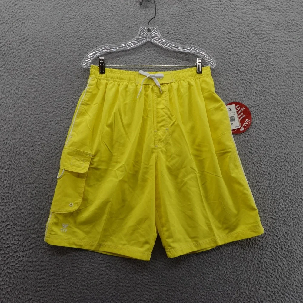 TYR Challenger Swim Trunks Large Yellow Mens Mesh Lined Quick Dry Pockets NWT